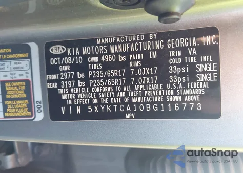 2011 Kia Sorento Lx z USA, uszkodzony, nr VIN 5XYKTCA10BG116773